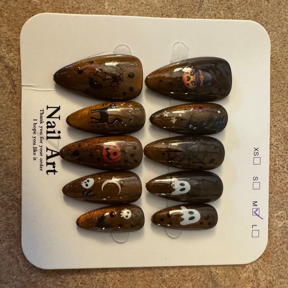 Halloween Press On Nails Brown Medium Almond Ghost Pumpkin Spider Bat - Picture 1 of 1